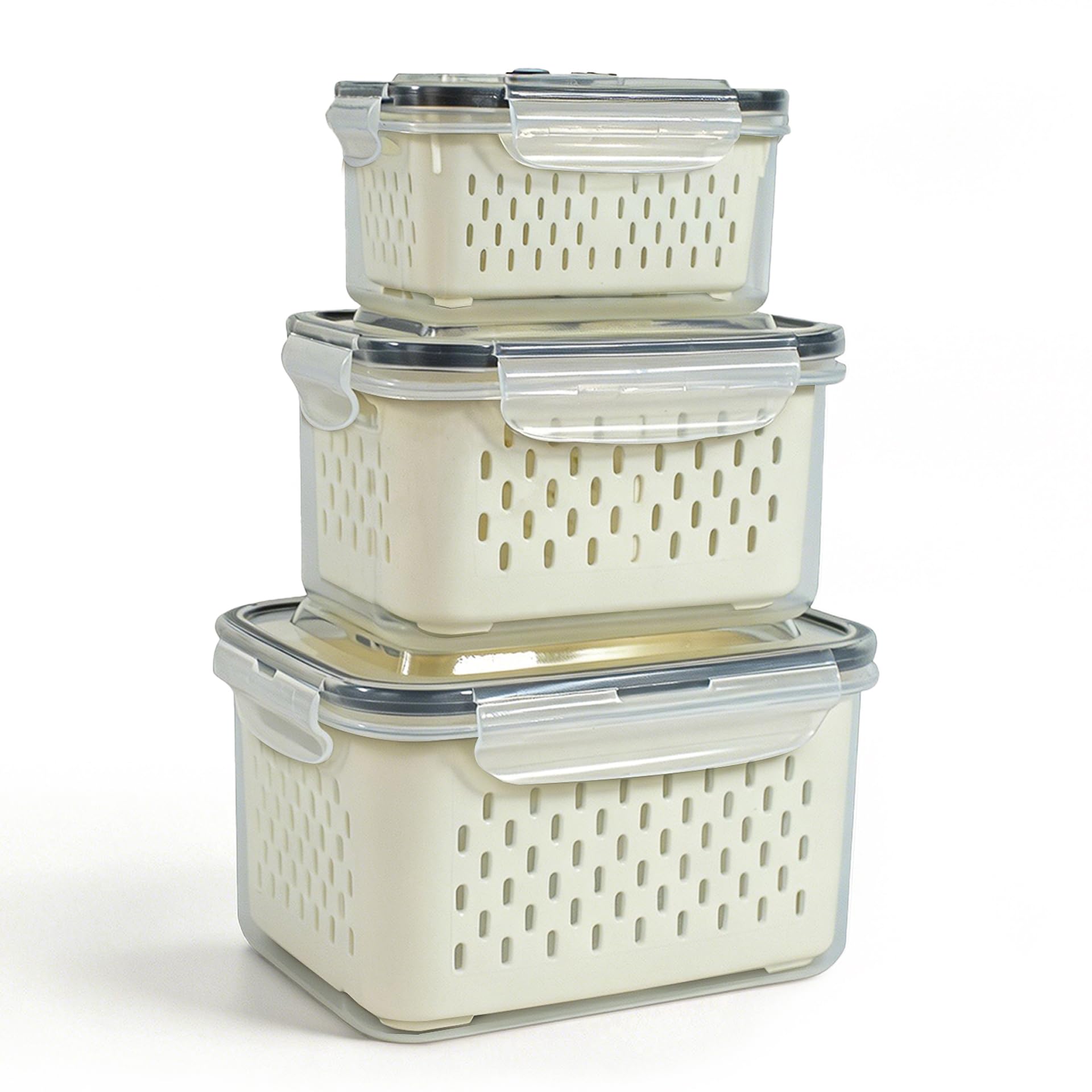 3 Pack Fruit Storage Containers for Fridge with Removable Drain Colanders, Airtight Leakproof Food Storage Boxes with Lids & Carry Handle, Stackable Fridge Organisers for Vegetable, Salad, Pastry