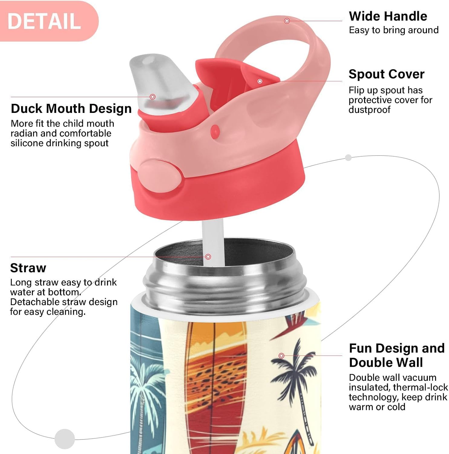 Surfboard Kids Water Bottle with Straw Lid 12oz Stainless Steel Cup Insulated Tumbler for Toddlers Girls