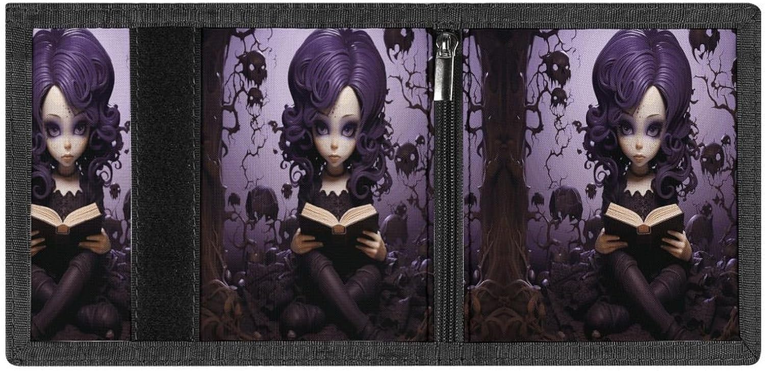 Purple Hair Girl Wallets Exquisite Trifold Wallet Front Pocket Wallet with Zipper Keychain Coin Purse Credit Card Holder for Adult
