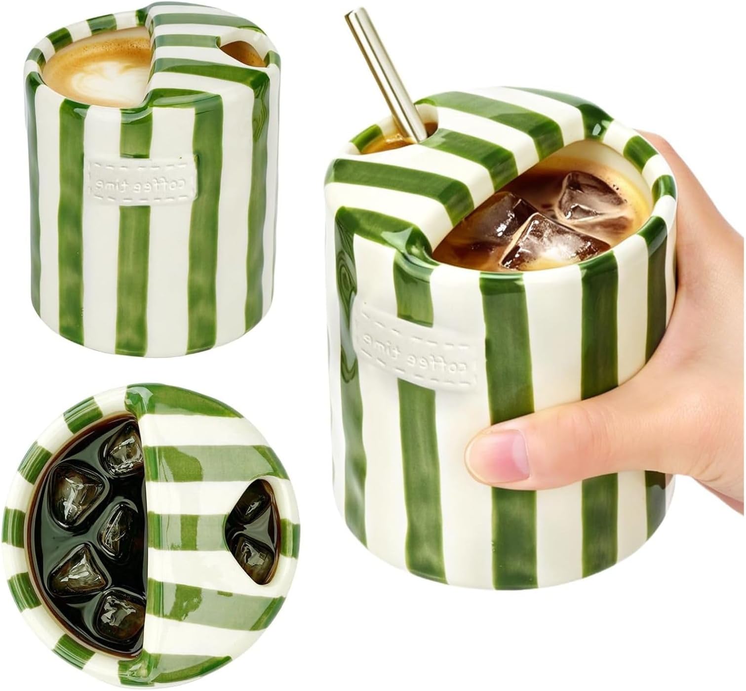 Ceramic Coffee Mug,Ceramic Mug,Retro Striped Ceramic Mark Hand-Painted Cup,10 oz Coffee Mug,Ceramic Coffee Mugs Cups Porcelain,Ceramic Mug with Sip Hole(1Pcs Green)