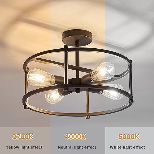 Miniatura 5 de Lámpara de techo industrial semiempotrada, lámpara de techo de metal rústico de 4 luces, candelabro negro para cocina, isla, comedor, pasillo,