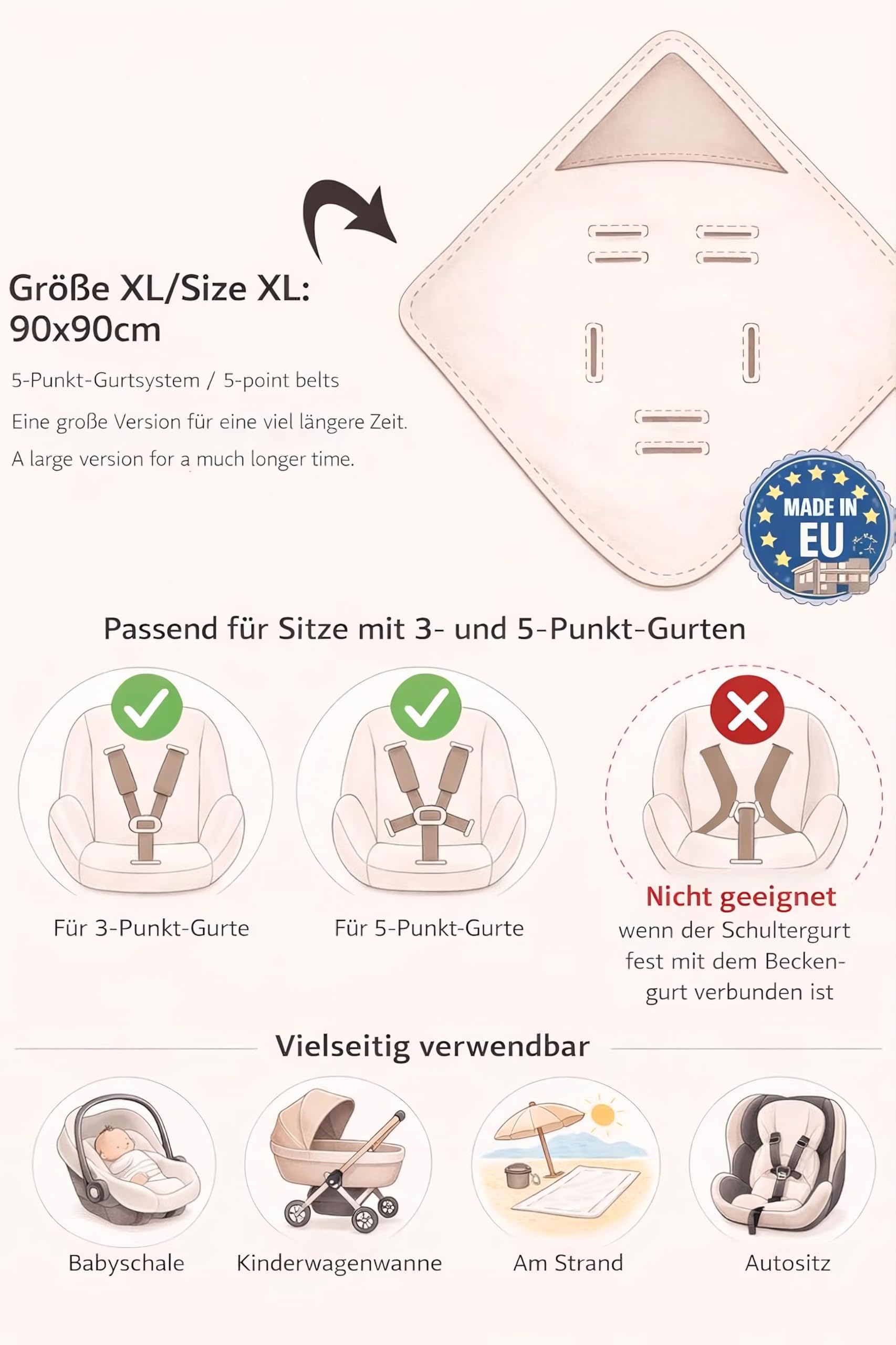 Einschlagdecke Baby Decke 90x90 cm für Babyschale – Sommerdecke atmungsaktiv & leicht, für Kinderwagen und Autositz, für Neugeborene & Kleinkinder, aus Baumwolle, Oeko-Tex - Zweige und Sand