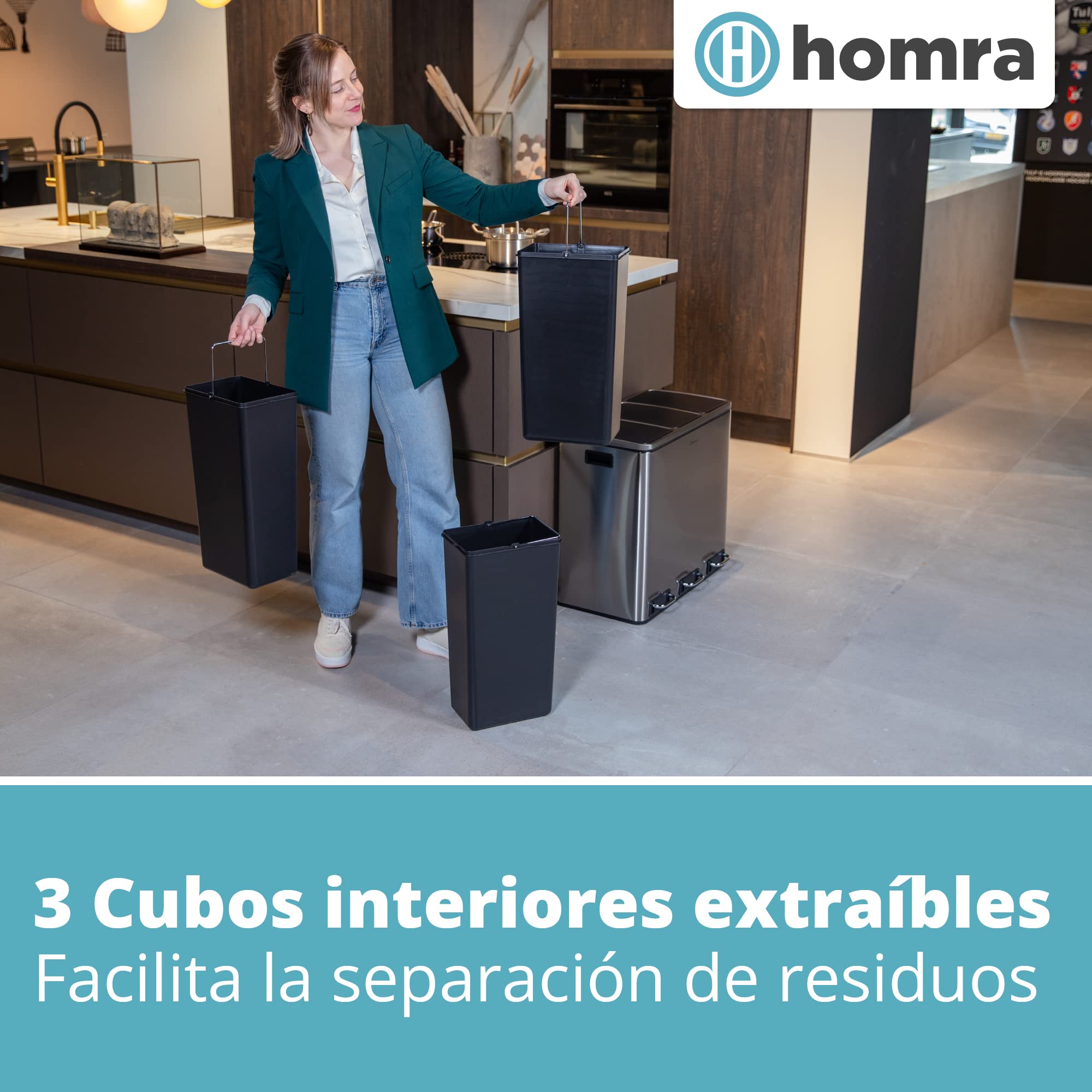 Homra Sparq - Papelera de reciclaje con 3 compartimentos, 54 L (3 x 18 litros) - Cubo triple grande - Cubo de basura con diseño de acero inoxidable