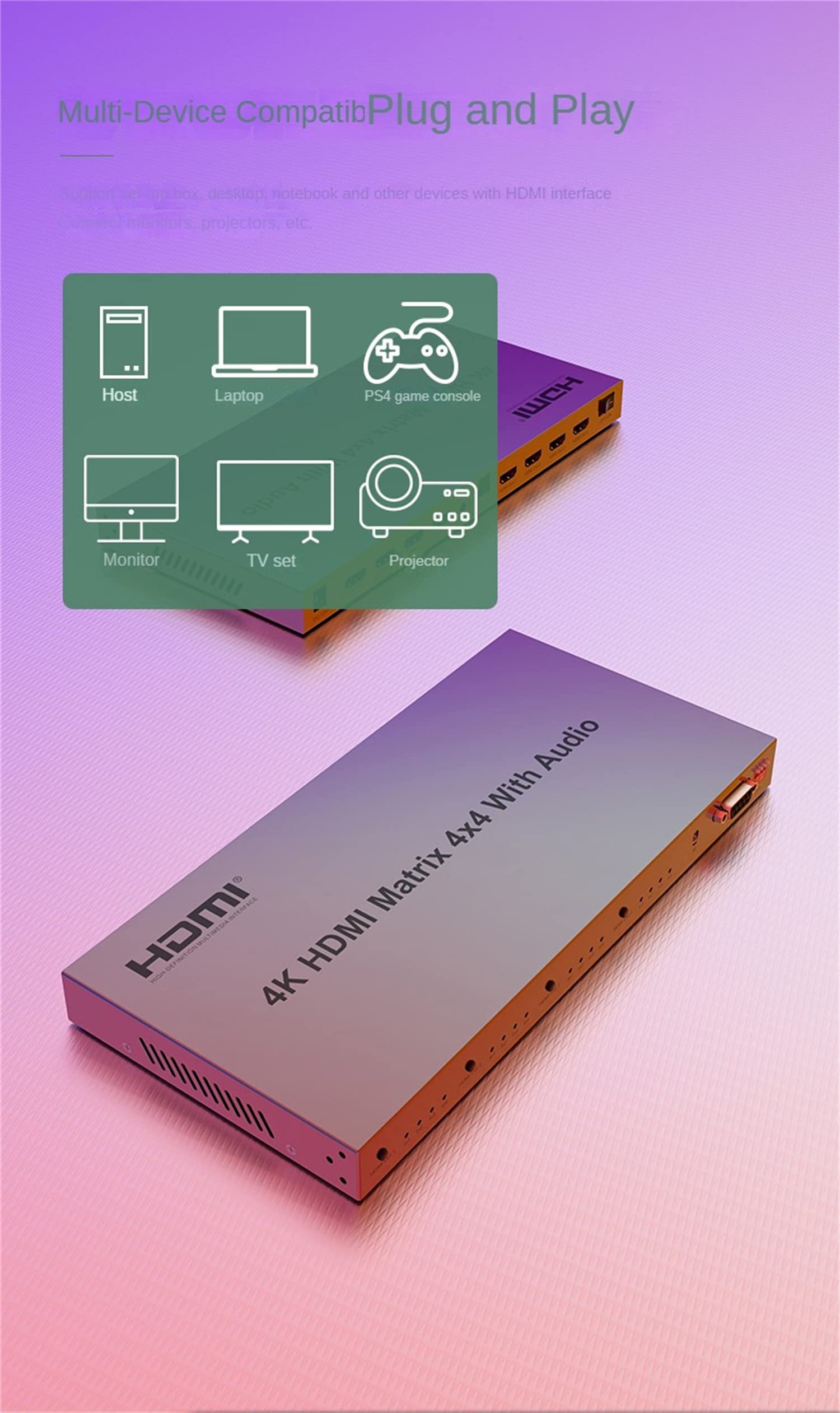 Matrix HDMI 4X4 con Audio, 4K@30Hz Switch 4 in 4 Out con Estrattore Audio, Selettore Splitter Supporto HDR HDCP2.2 EDID