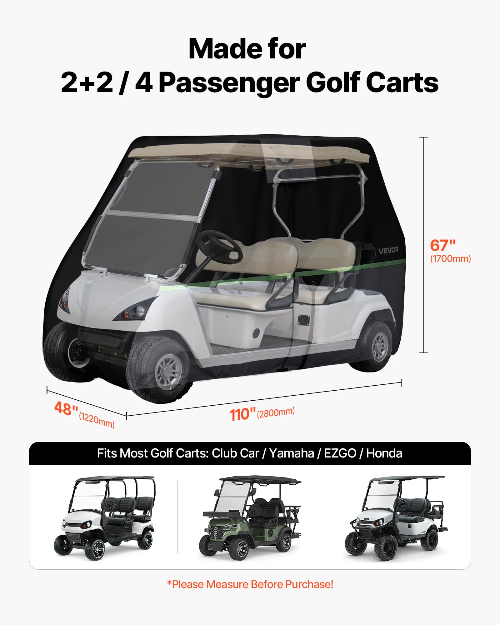 VEVOR Golfwagenabdeckung für 2+2/4-Sitzer-Golfwagen (die Meisten Golfcarts von Club Car, Yamaha, EZGO & Honda), Regenabdeckung aus 600D-Oxford-Gewebe, mit PU-Beschichtung & 3 Reißverschlusstüren