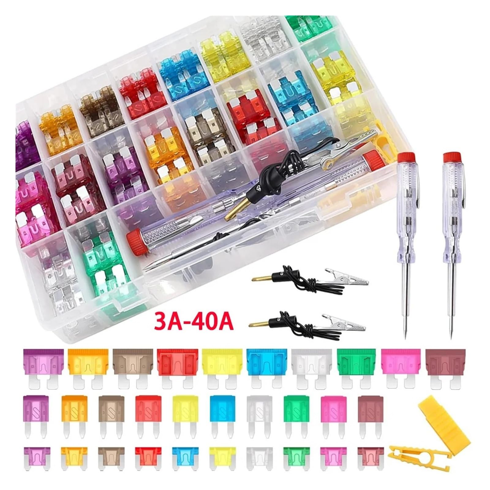 Kit di assortimento fusibili standard e a basso profilo da 304 pezzi 3A -40A con estrattore tester circuito - for camper/marina/camion(Aluminium)