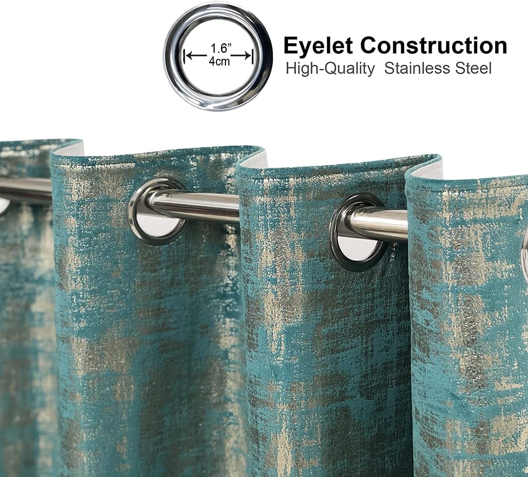 always4u 100% Blackout Soft Velvet Curtains for Bedroom Living Room Thermal Energy Saving 95 Inches Long Luxury Gold Foil Print Drapes 2 Panels Teal