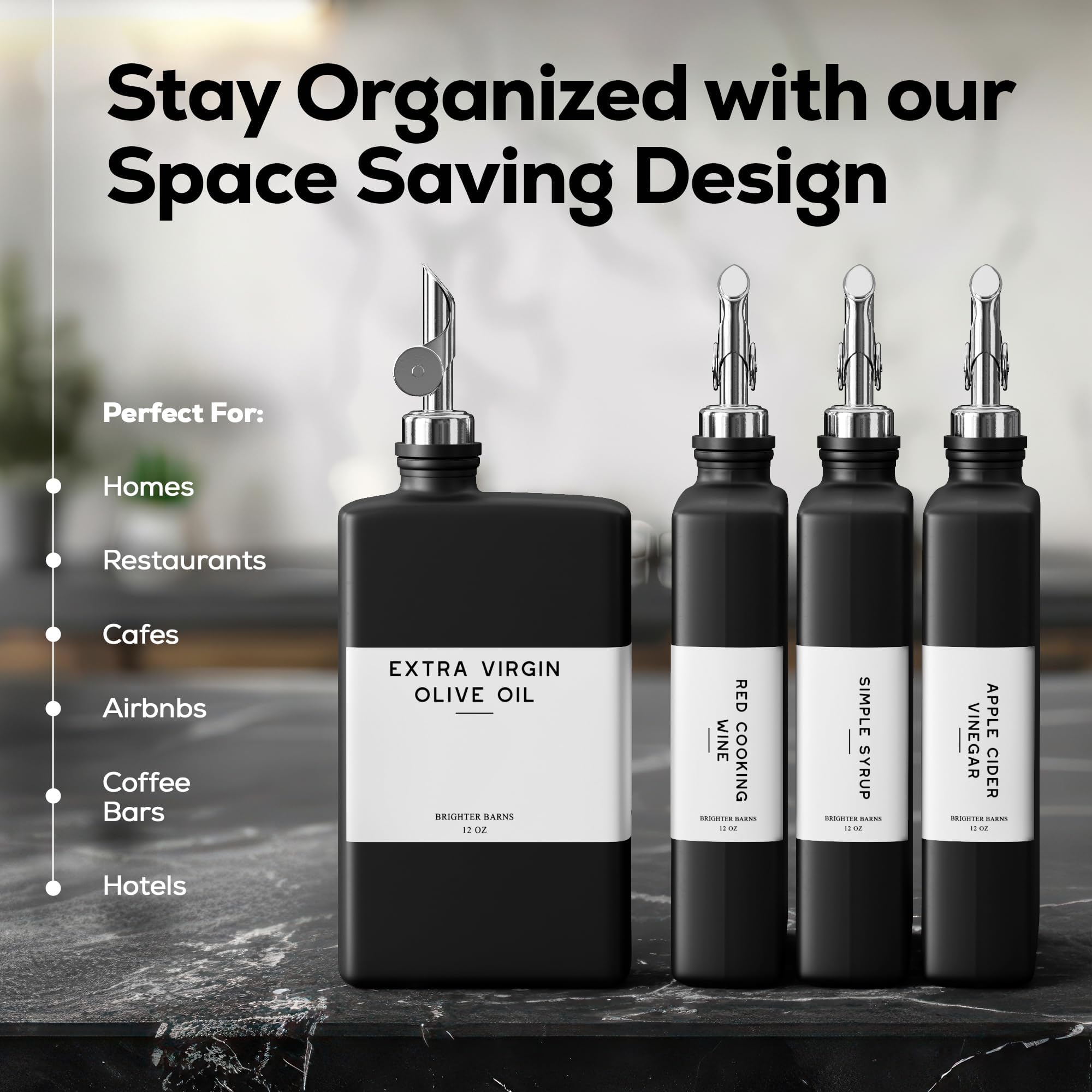 Black Glass Olive Oil Dispenser Bottle for Kitchen by Brighter Barns - Soy Sauce Dispenser, Coffee Syrup Bottle - Kitchen Decor for Restaurant, Airbnb, Coffee Bar Accessories (Black/Silver, Set of 2)