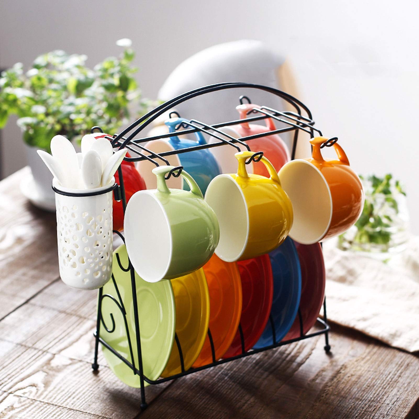 HASMI Kaffeetasse Regenbogen-Farbe Keramik-Kaffee-Tee-Geschenk-Set hell farbige Latte-Tasse, Teetasse, Untertasse und Teelöffel (Aufnahme von 6 Personen), mit Stand Teetasse