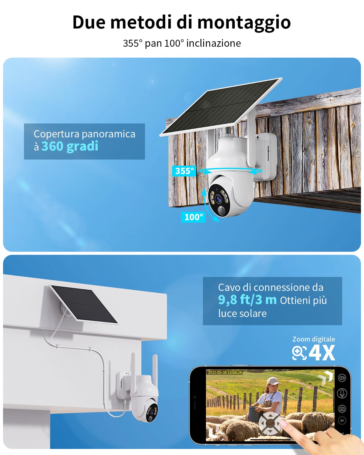 SEHMUA 4G LTE Telecamera Esterno con SIM e pannello solare, 2K Telecamere Batterie Senza Fili, 360° PTZ Videocamera Sorveglianza, Visione Notturna, PIR Rilevamento, Audio Bidirezionale, IP66, 2 Pezzi