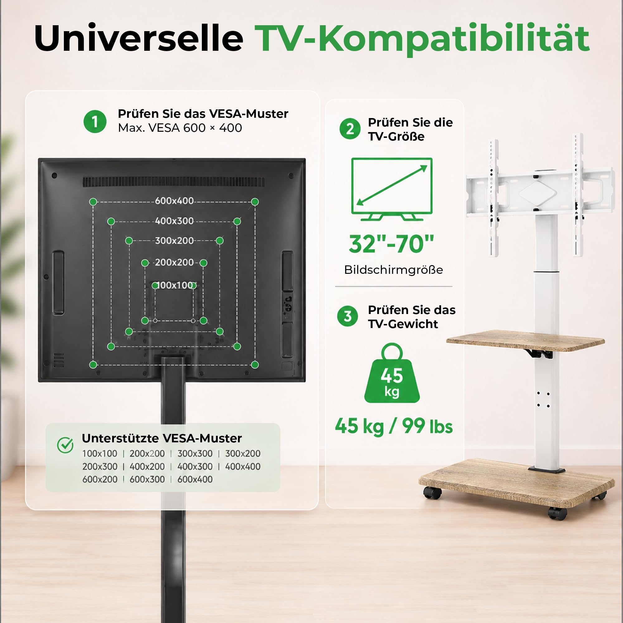 Delphos Mobiler TV Ständer Rollbar mit Holzfuß, Fernsehständer für 32-70 Zoll Fernseher bis zu 45 kg, Hoehenverstellbar bis ca.130 cm Drehbar ±25° Max.VESA 600x400