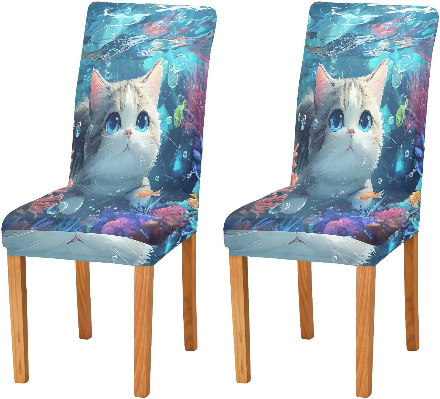 ALAZA Chair Covers for Dining Room, Cute Cat Undersea Stretch Chair Cover Sets Chair Protector Removable Washable for Ktichen Restaurant Hotel