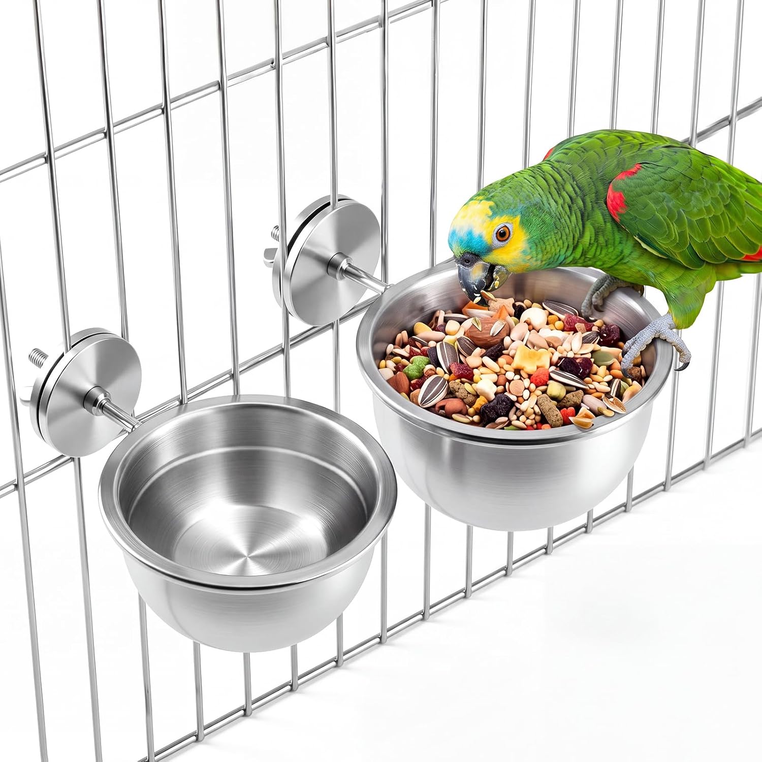 2 Pack Stainless Steel Bird Feeding Bowls, Anti-tip Clip-on Cups, 10&12oz | Detachable Clamp Locks Bowl in Place, No Sliding or Tipping; Fits Parrots, Parakeets, Cockatiels, Conures, Budgies