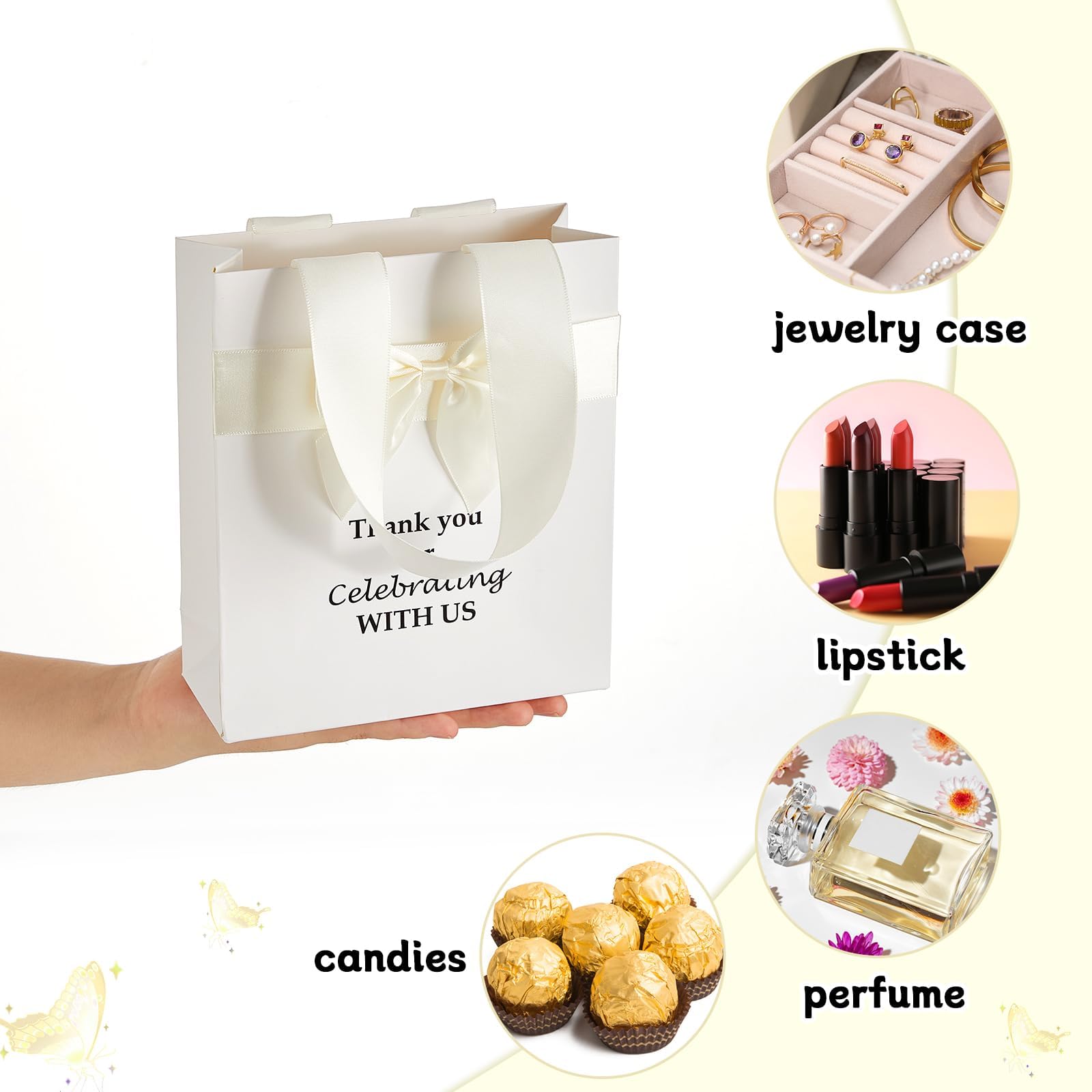 50 Pcs Wedding Gift Bags for Guests Bulk with Bow Ribbon Handles 6.2x7.2x2.5 Inch Wedding Favor Bag Thank You Gift Bags for Party Favor Bridesmaid Bags Bridal Shower Valentine Birthday Supplies(Beige)