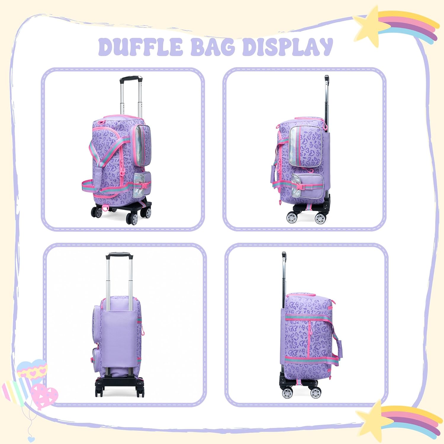 Girls Rolling Duffel Bag with Wheels - Travel Bag for Kids, Overnight, Dance & Gym Use with Shoe Compartment