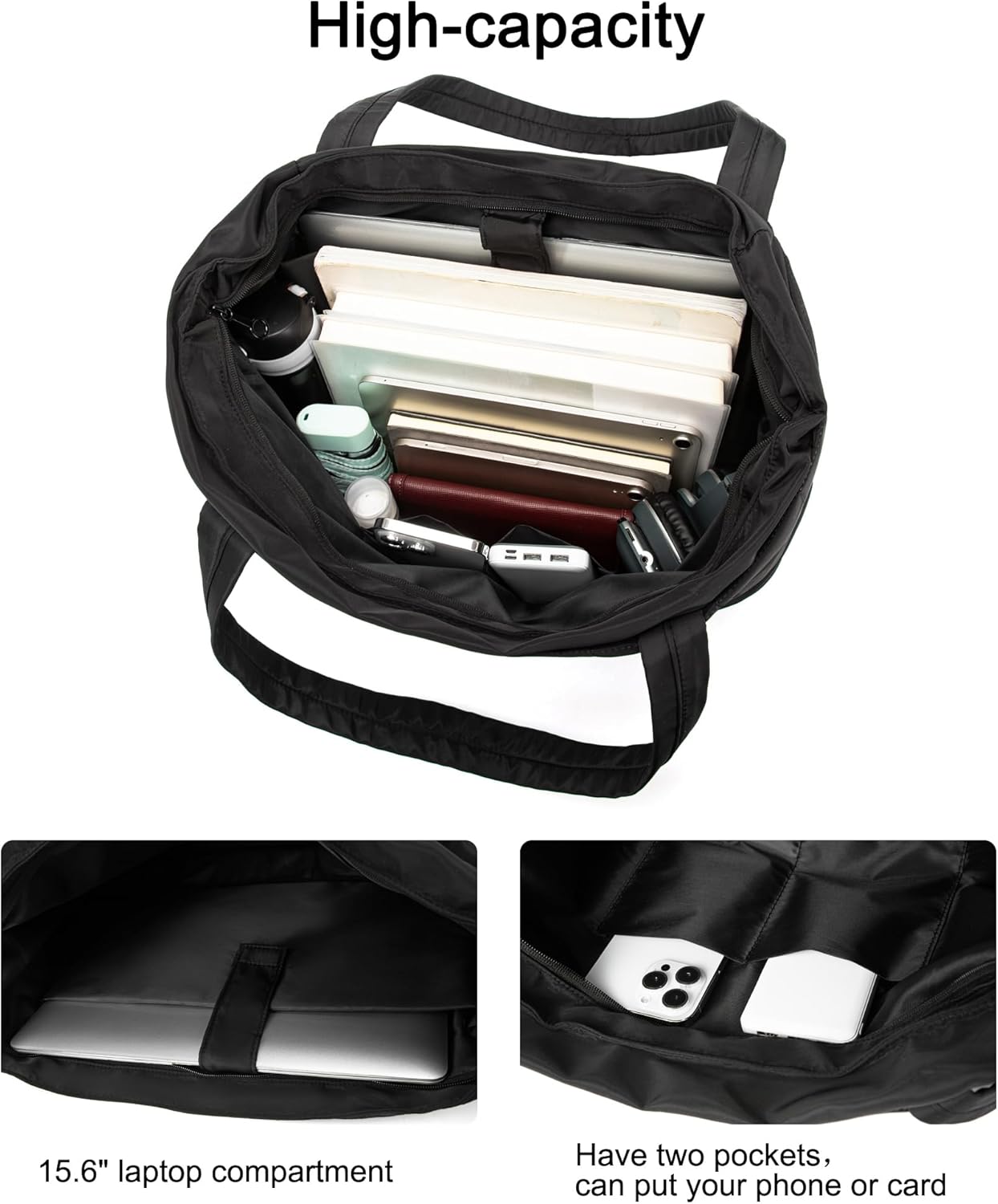 Tote Bag for Women Lightweight Quilted Shoulder Bag With Zipper for Work Travel Gym, Expandable Handbag