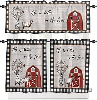 Kitchen Curtains Tiers and Valance Set of 3, Farmhouse Barn Light Filtering Window Curtain Set, Vintage Cabin Cow Wood Grain Checkered Rod Pocket Curtain Drapes for Cafe, Living Room, 36 Inches Tiers