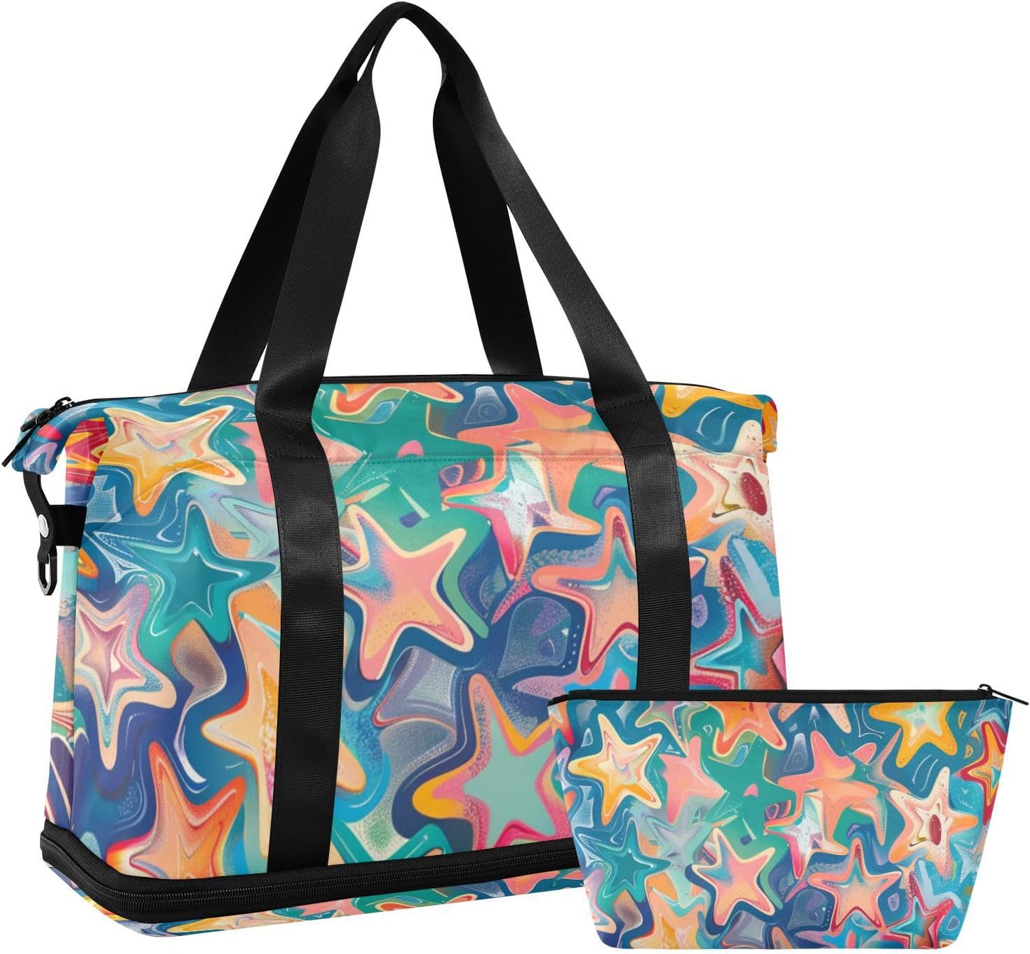 Colored Stars Sports Tote Gym Bag Large Carry On Bag with Toiletry Bag for Trip 2 Pcs Set