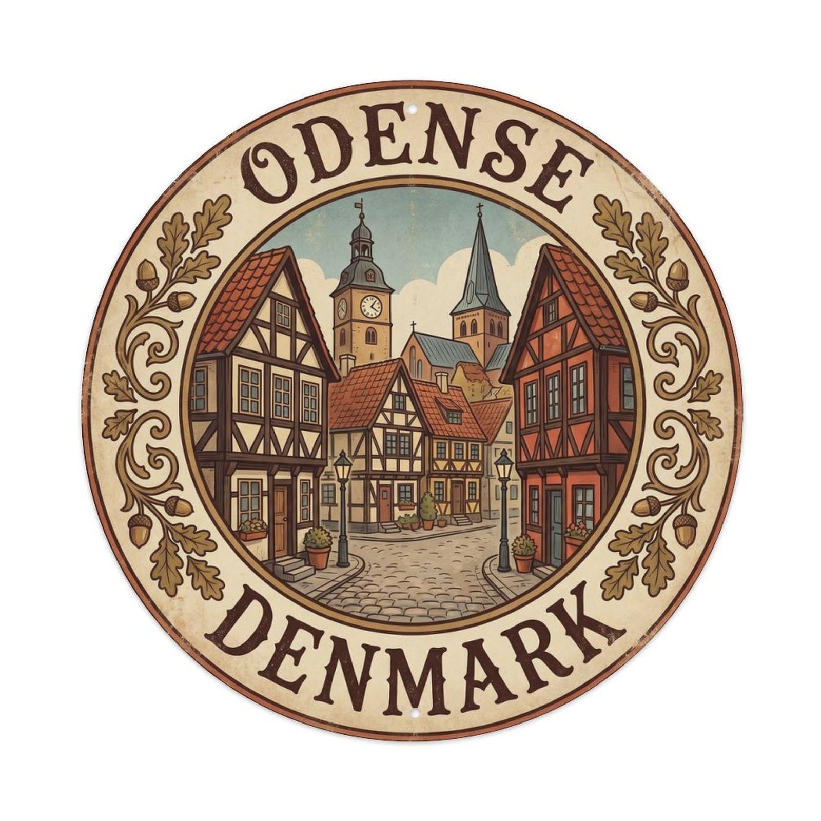Denmark Odense Vintage Circle Vintage Metal Tin Sign Plaque Wall Decor for Cafe, Club Bar, Office, Garden Metal Poster 8x8Inch
