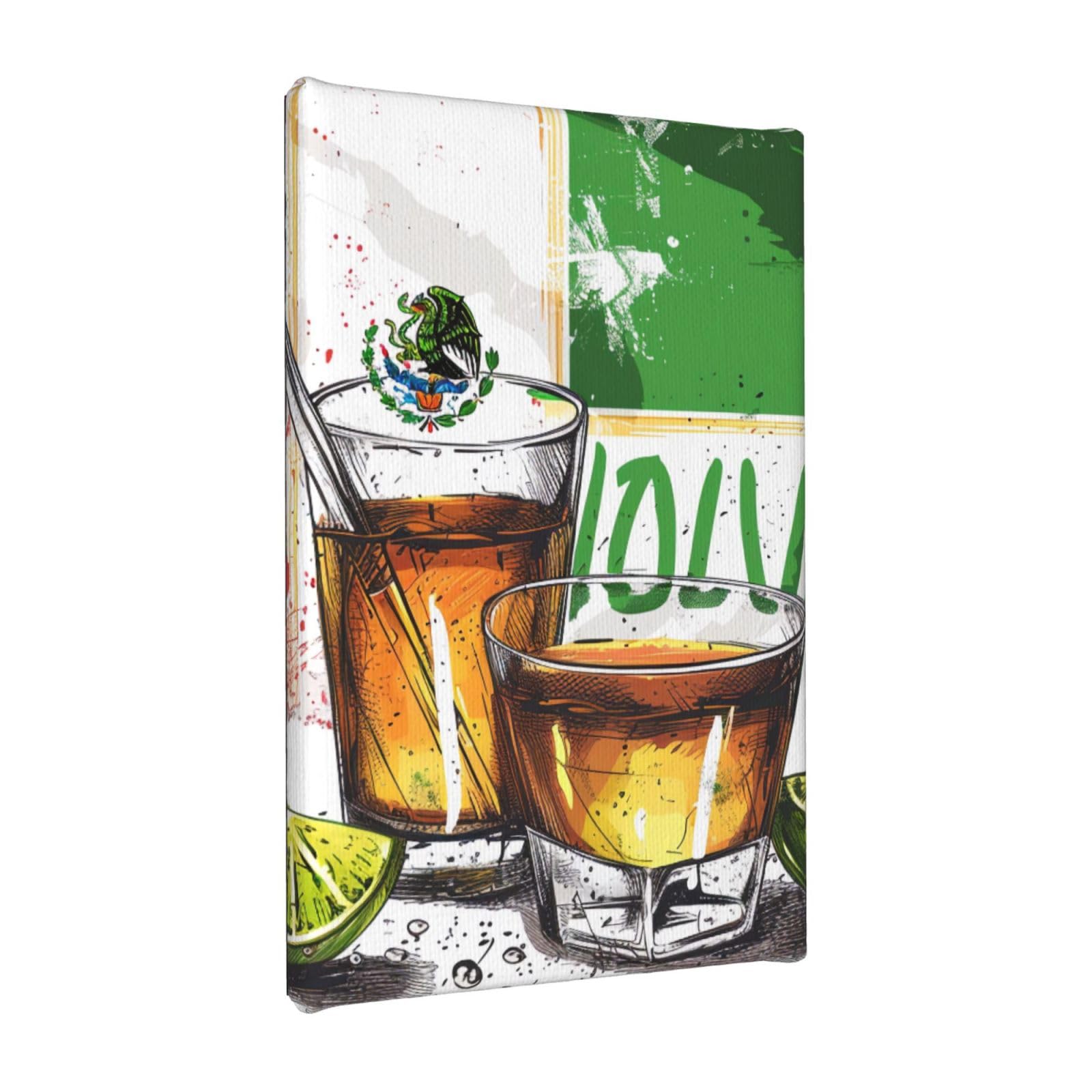 YKLJG mexico flag and tequila Printed Wall Art Canvas Painting 20x30 CM Wooden Framed Picture Painting Artwork Prints for Bedroom Kitchen Home Office Decor