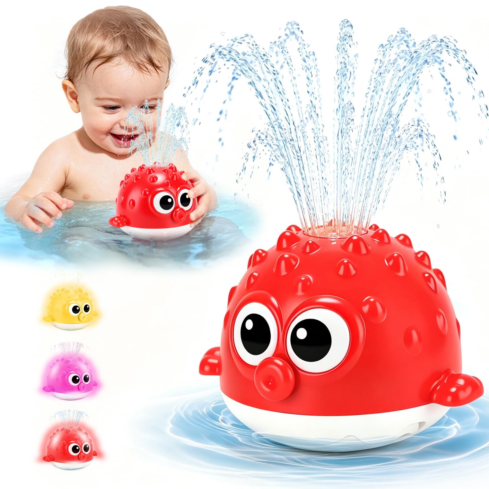 QASUN Baby Light-Up Bath Toys, Toddler Bath Toys Spray Pufferfish , Kids Swimming Pool & Outdoor Toys with Colorful Lights, Baby Gifts for Boys Girls