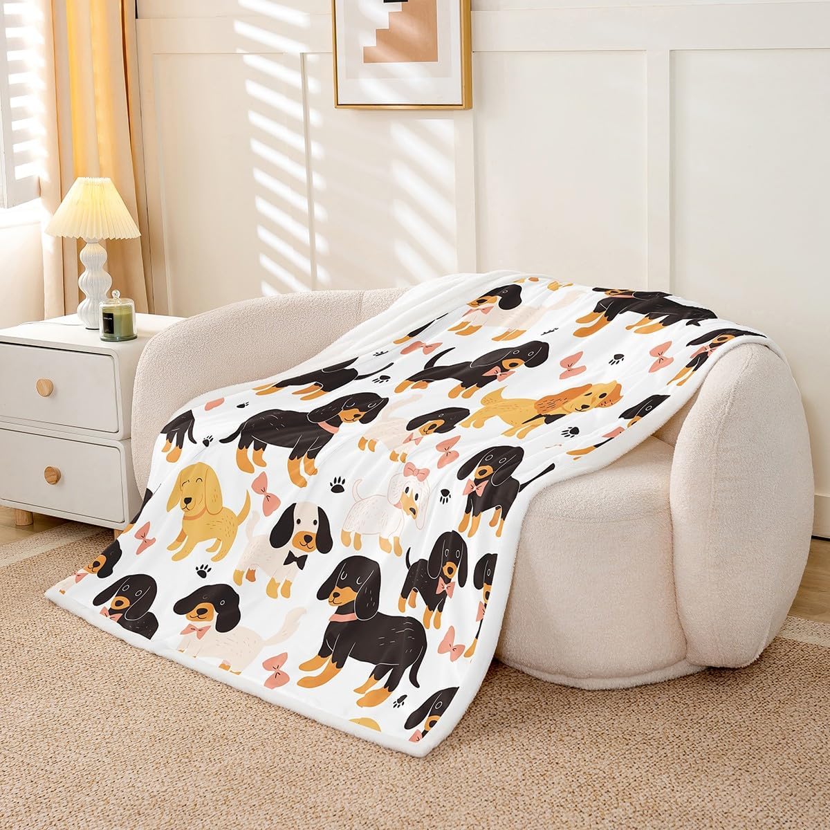 Erosebridal Cute Dogs Fleece Blanket for Kids Girls Colorful Bowknot Throw Bow Tie Fuzzy Blanket, Lovely Pet Animal Blanket Cartoon Animal Print Sherpa Fleece, Twin Size