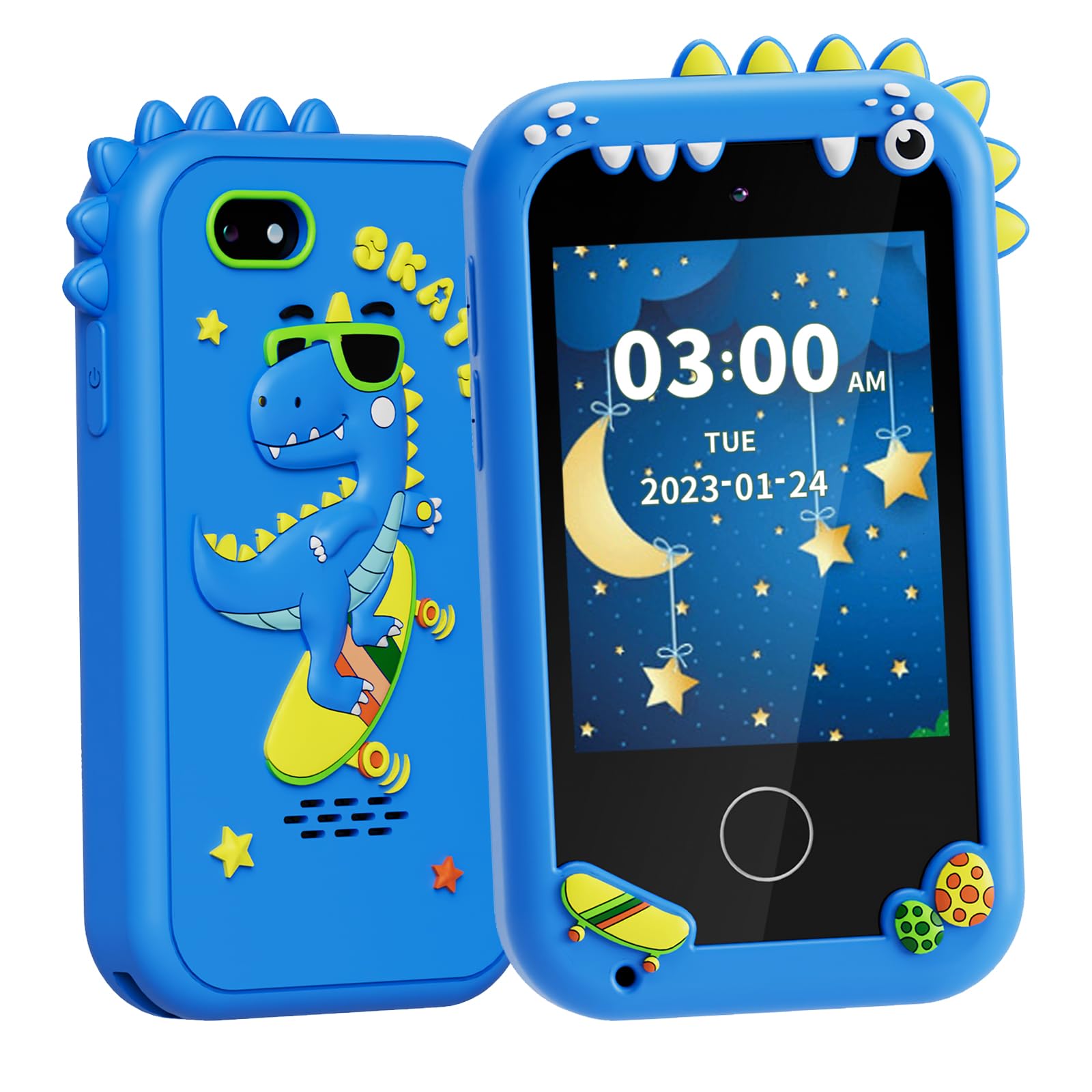 Regalos y juguetes para niños de 3 a 8 años de edad, teléfono de juguete con doble cámara, reproductor de música MP3, juegos, rastreador de hábitos, pantalla táctil, juguete de aprendizaje para niños