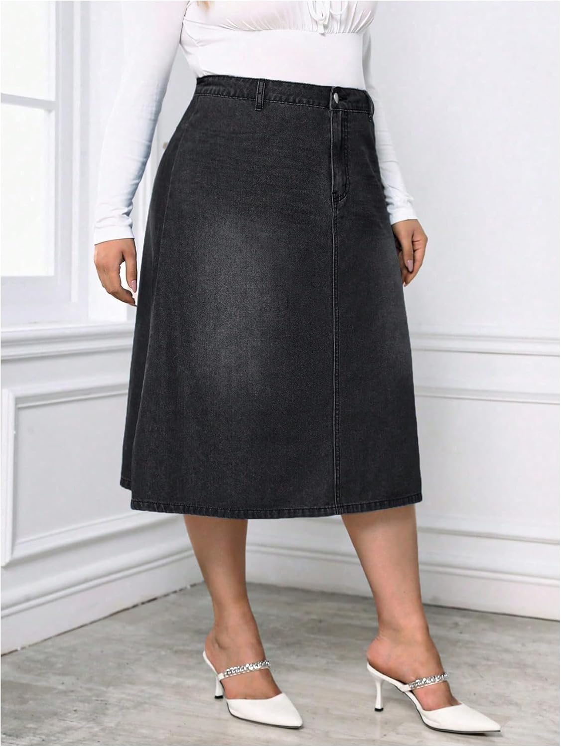 Milumia Women's Plus Size Jean Midi Skirt High Waisted A Line Denim Skirts Casual - Image 3