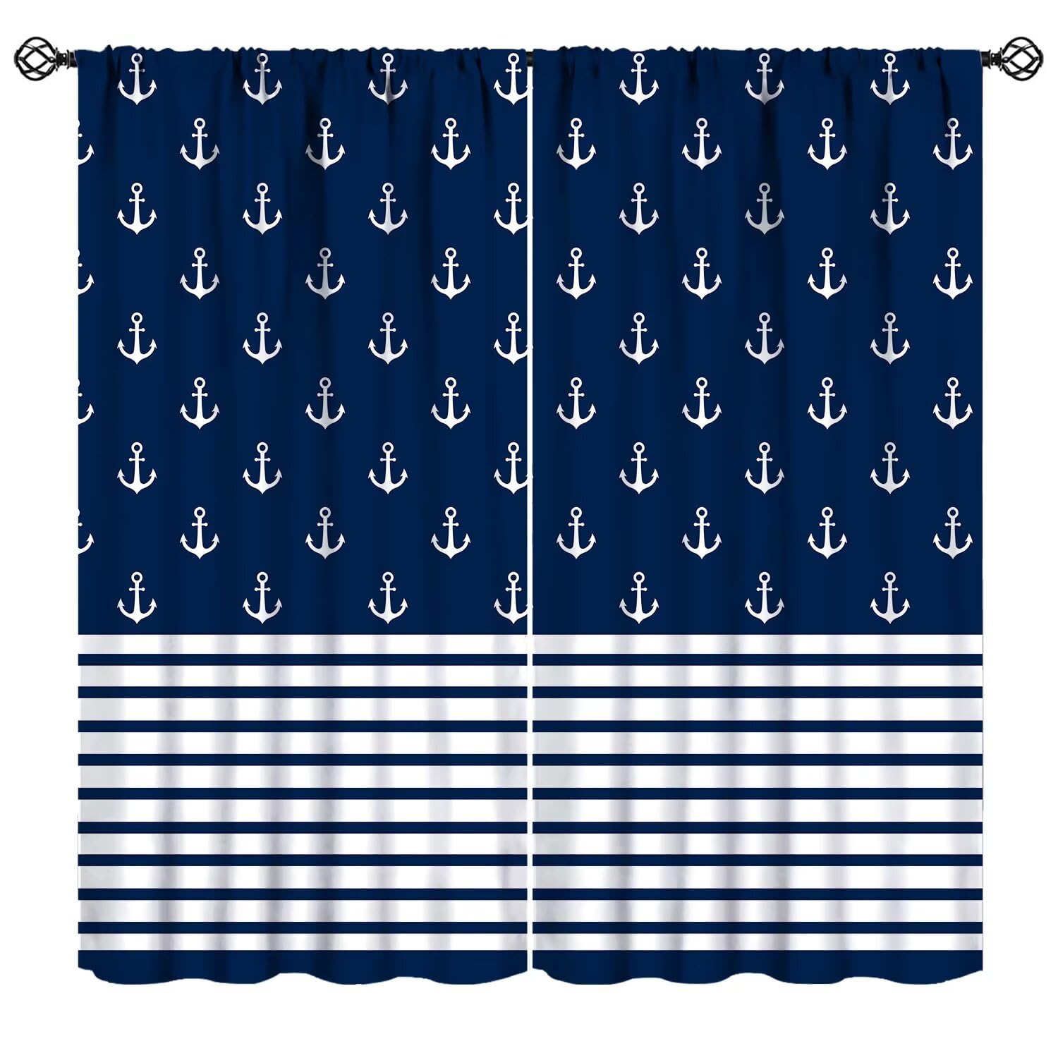 Mchenxin Navy Blue Anchor Curtains, Nautical Summer Beach Coastal Blue White Ocean Print Rod Pocket Window Curtains for Kids Boys Girls Bedroom