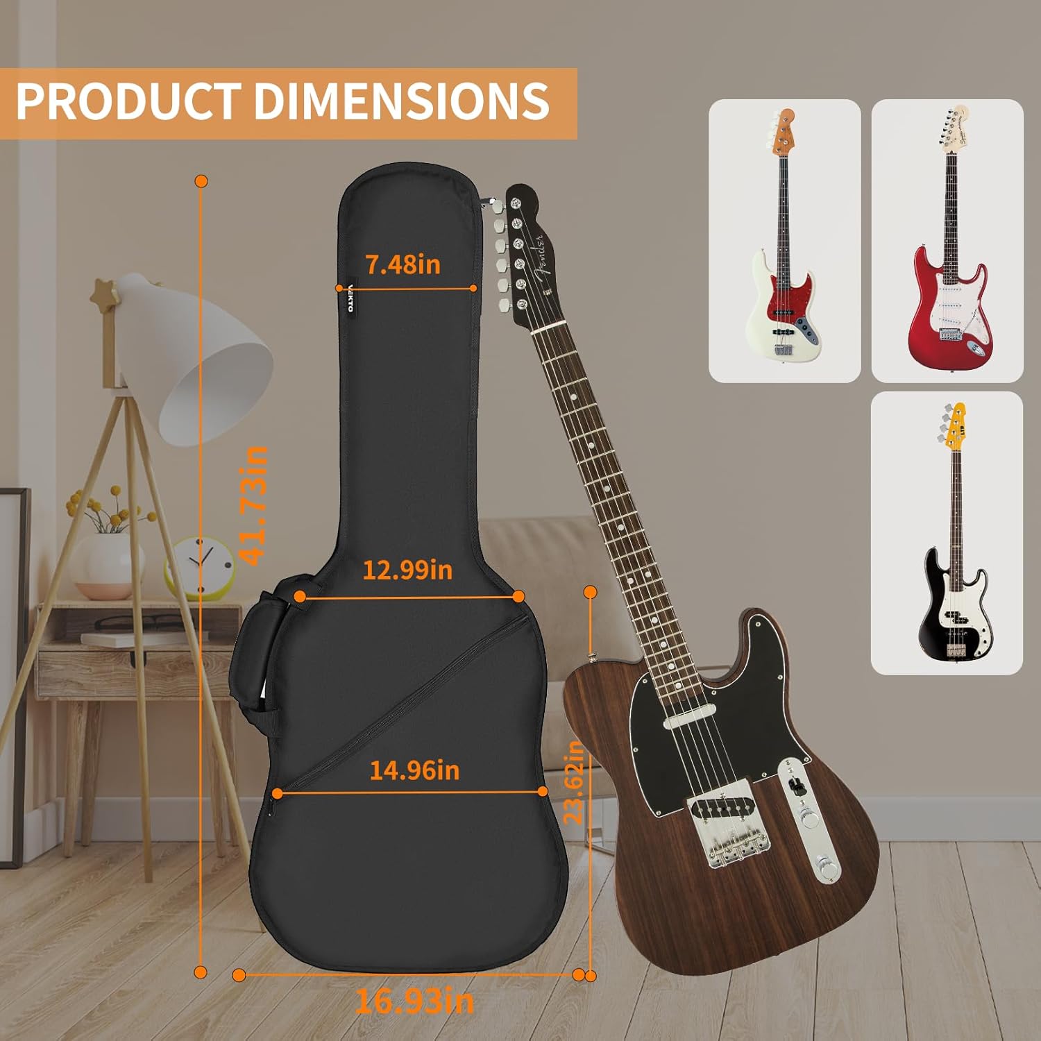 VEKTO Lightweight Electric Guitar Gig Bag 41 Inch – Portable Waterproof 600D Oxford Soft Case with 10mm Padding, Dual Shoulder Straps & Large Pocket, Perfect for Travel & Daily Use