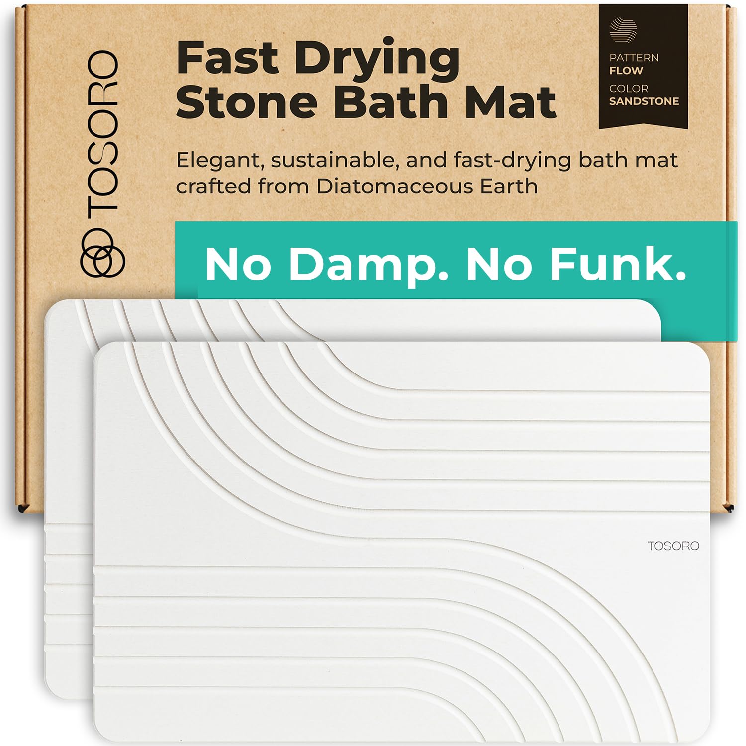 TOSORO - Stone Bath Mat, Diatomaceous Earth Non-Slip Shower Mat - Quick Drying Absorbent Bath Stone Mat - Elegant & Modern Design, Easy to Clean (23.5 x 15 Sandstone) - 2 PCS