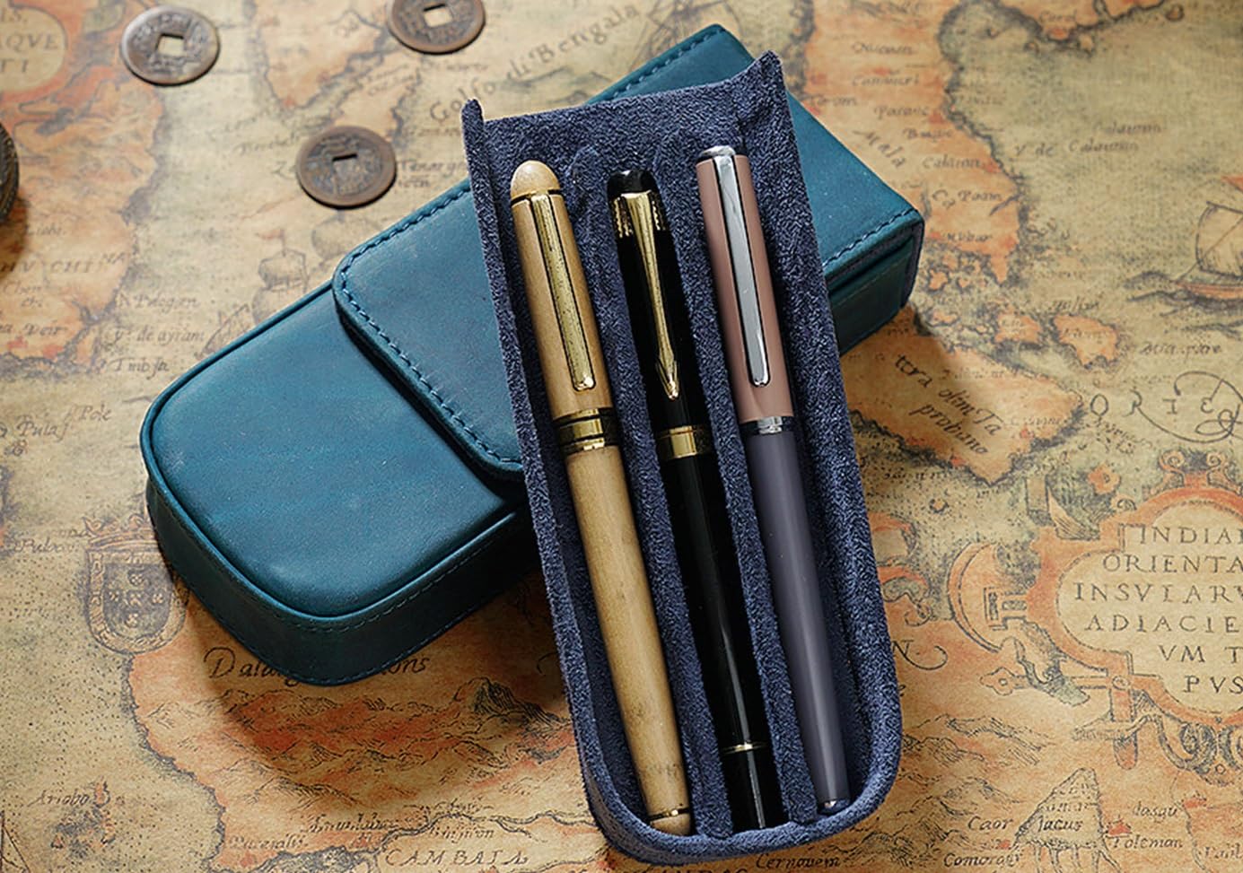Stiftetui Schutzhülle Handgemachte Stiftebox Aus Rindslederimitat Mit Magnetischer Schublade - Blau