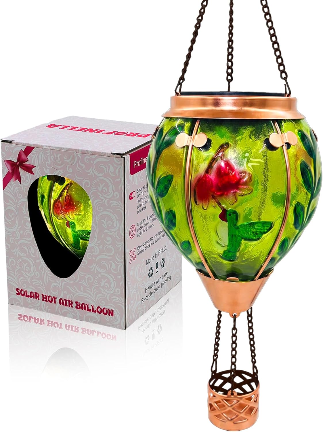 TEYIGARDEN Hot Air Balloon Solar Lantern with Flame, Glass Solar Hanging Lanterns Outdoor Waterproof for Outdoor Garden Decor Yard Patio Tree, Mother's Day Gift (Red Flower Hummingbird)