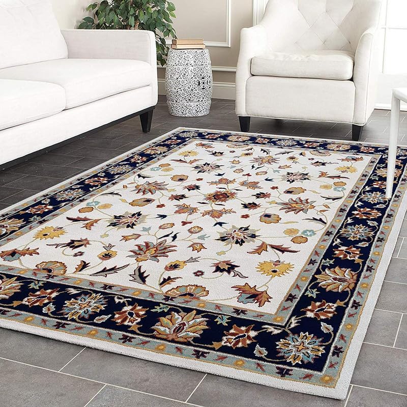 Image of Hand-Tufted Woolen Carpet for Living Room 5x8 feet Ivory & Black Color Traditional Anti-Skid Area Rug High Pile Thick Carpet & Rugs for Hall & Bedroom