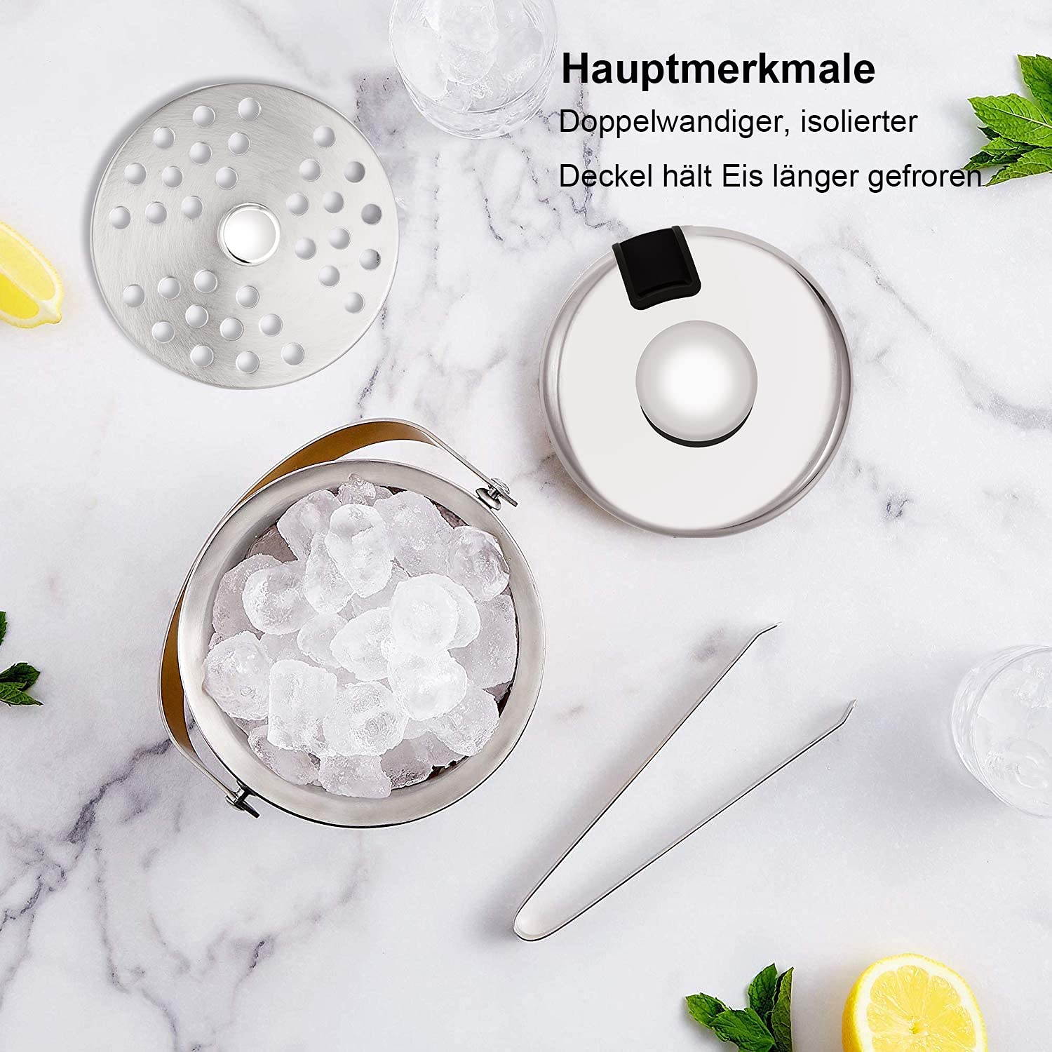 Faburo - Juego de 8 cubitos de hielo de 1,3 L, doble cubitera, de acero inoxidable, con pinza para hielo, abridor de botellas, embudo de inyección de agua y moldes para mejor refrigeración