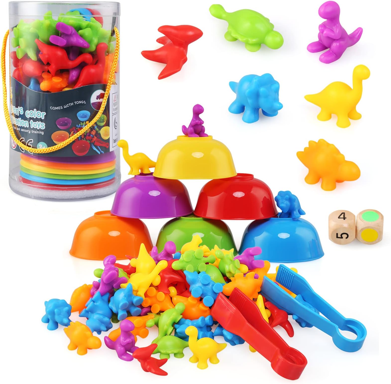 LEADSTAR Montessori Counting Toys,58pcs Rainbow Counting Dinosaurs Set with Matching Bowl Dices and Tweezers,Montessori Sorting Toys Perfect Math Skills Games Educational Toys for 3 4 5 Years Old