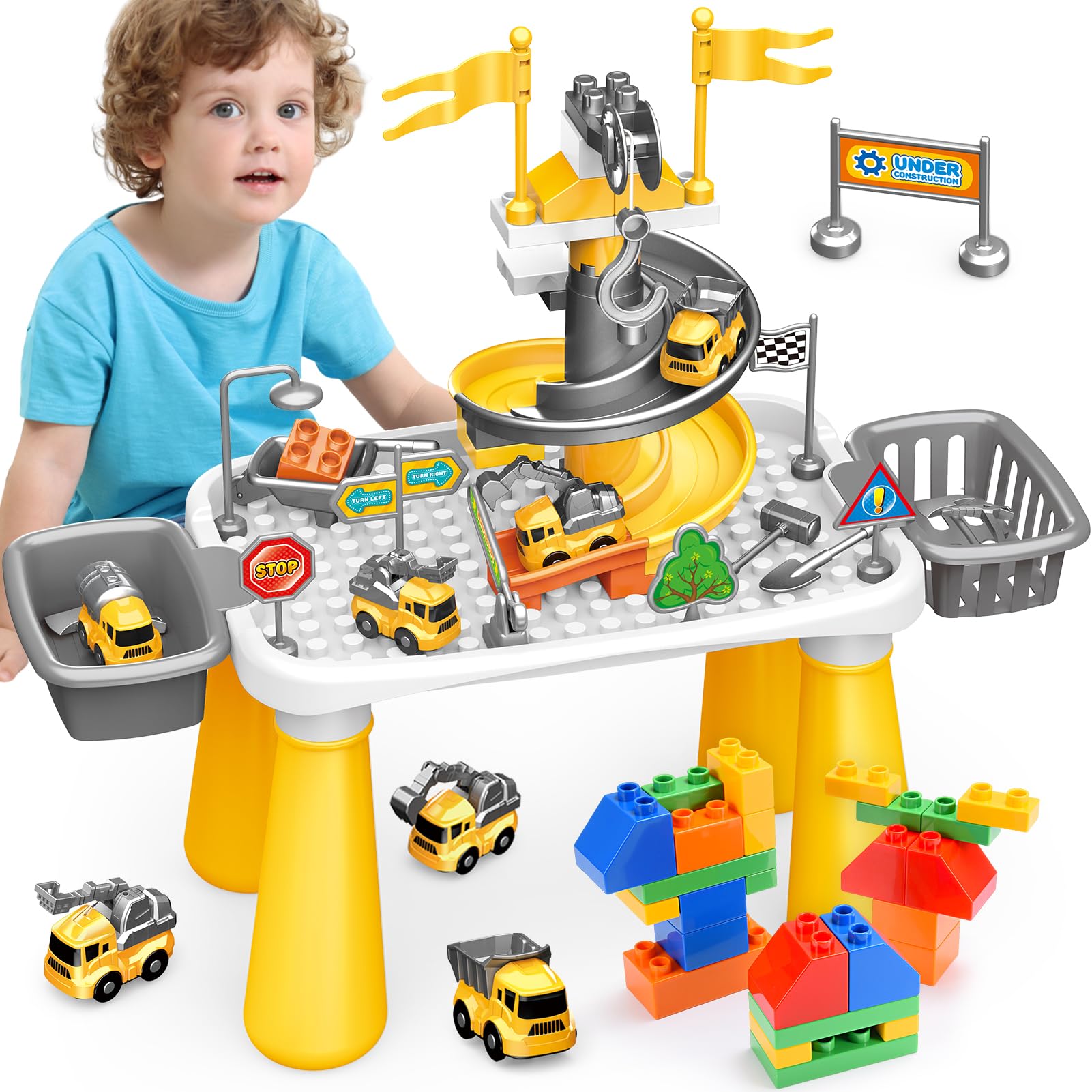 Mesa de construcción para niños: juego de mesa multiactividad con almacenamiento, juguete de construcción para niños de 3 a 5 años de edad, niños y niñas, tabla de bloques de actividad y construcción,