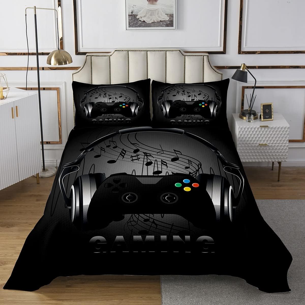 Feeyou Gamer Quilt Set 3Pcs Game Controller Coverlet for Kids Boys Teens Queen Size Gaming Bedspread for All Season (1 Quilt & 2 Pillowcases)