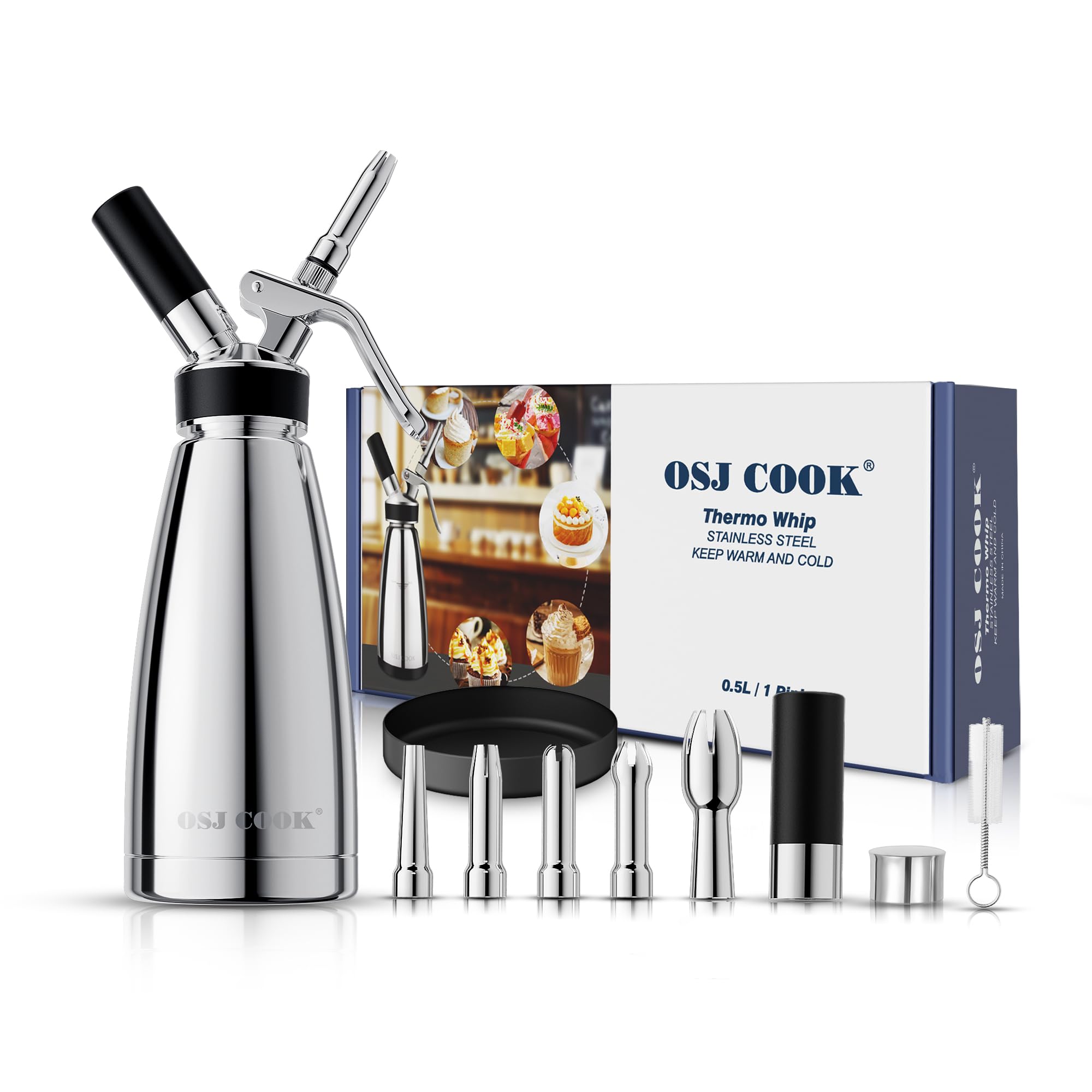 OSJCOOK whipped CreamDispenser Stainless Steel Keep Warm and Cold,500mL/1 Pint Double Wall Thermos Whipped Cream Maker,5 Various Stainless Decorating Nozzles,1 Cleaning Brush,N2O Chargers NOT included