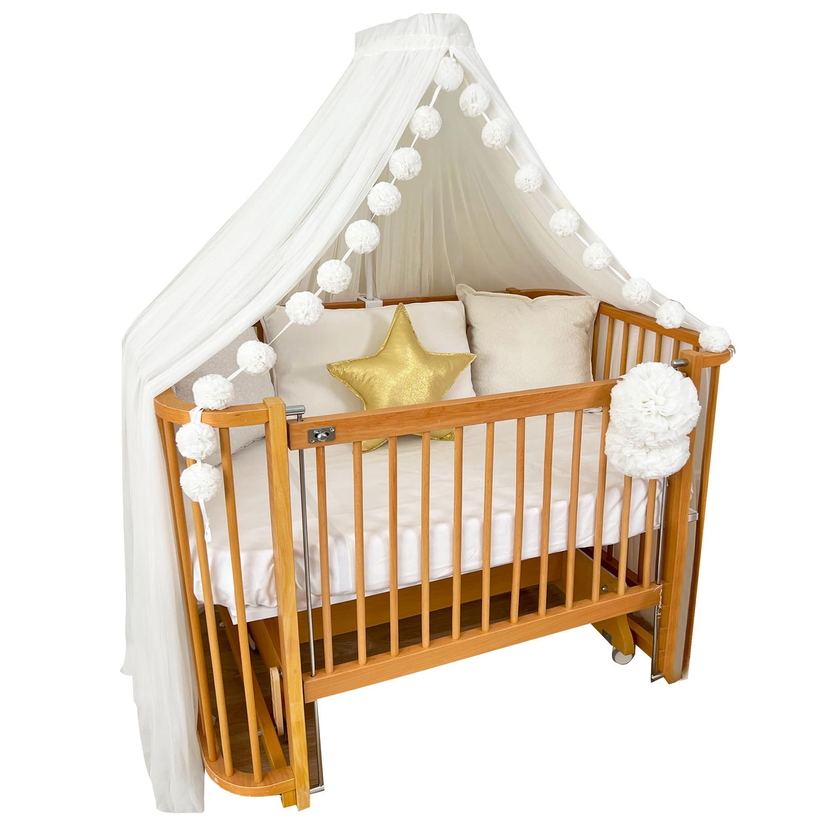 Pamuka Boys White Kids Bed Tulle Canopy, Baby Crib Hanging Curtain, Nursery Room Mosquito Net, And Girls Bed Canopy (, Mini Pompoms + With Metal Holder)