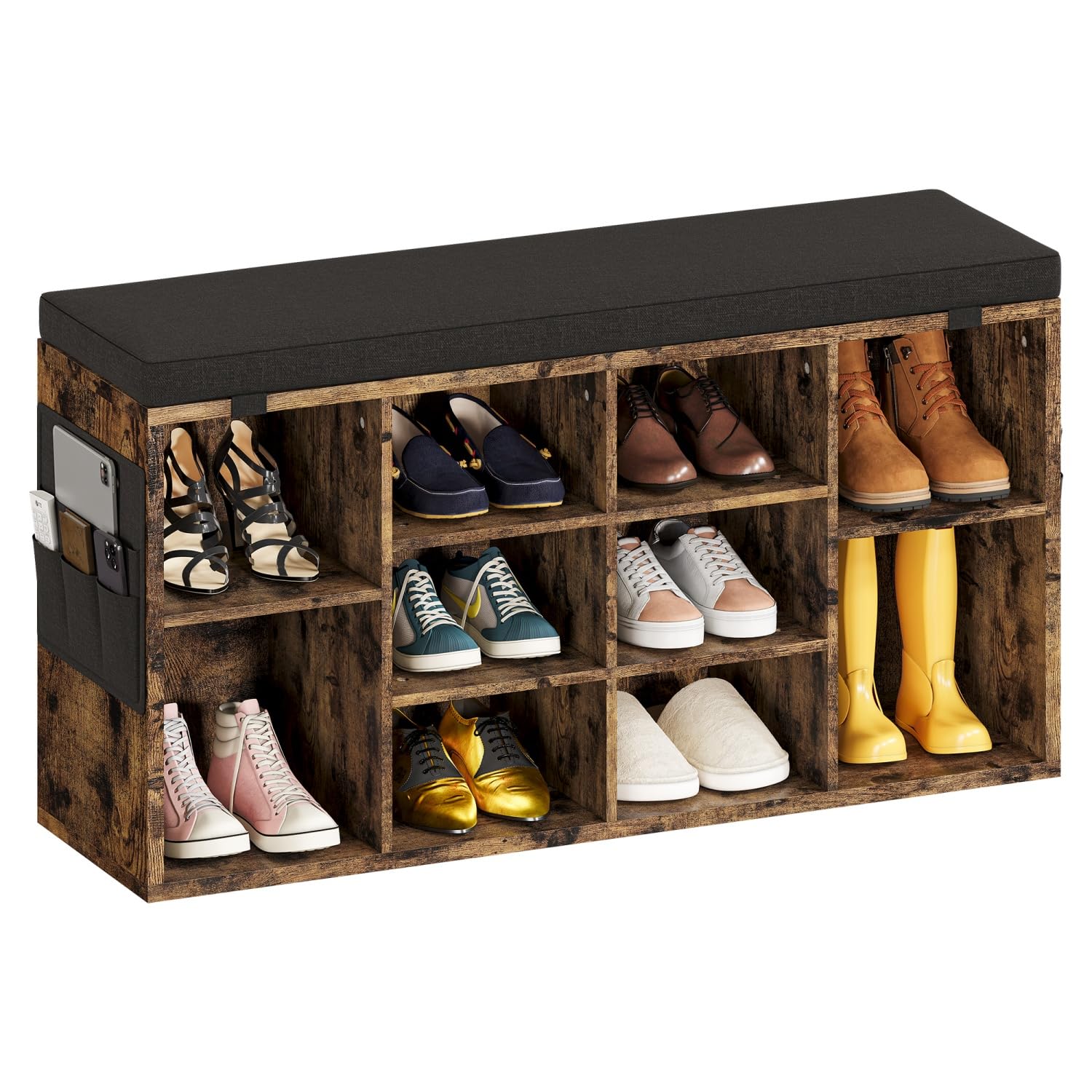 SunnyFurn Entryway Shoe Bench with Storage, Shoe Rack with Cushion and Seating, Adjustable Shelf for Entryway, Bedroom, Living Room, Hallway (Brown,