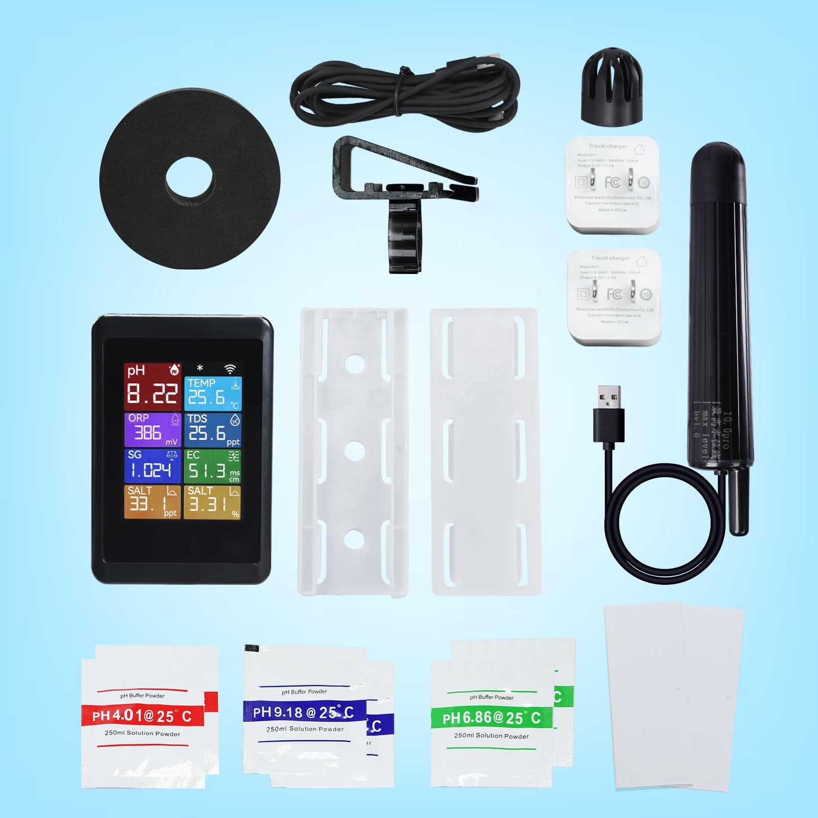 TEKCOPLUS Digitales pH-Messgerät, WLAN, Wasserqualitätsmonitor mit Sonde für Aquarien, Hydrokultur, Schwimmbäder, Teiche, Laboratorien, 8-in-1, misst pH Temp TDS EC Salzgehalt ORP SG