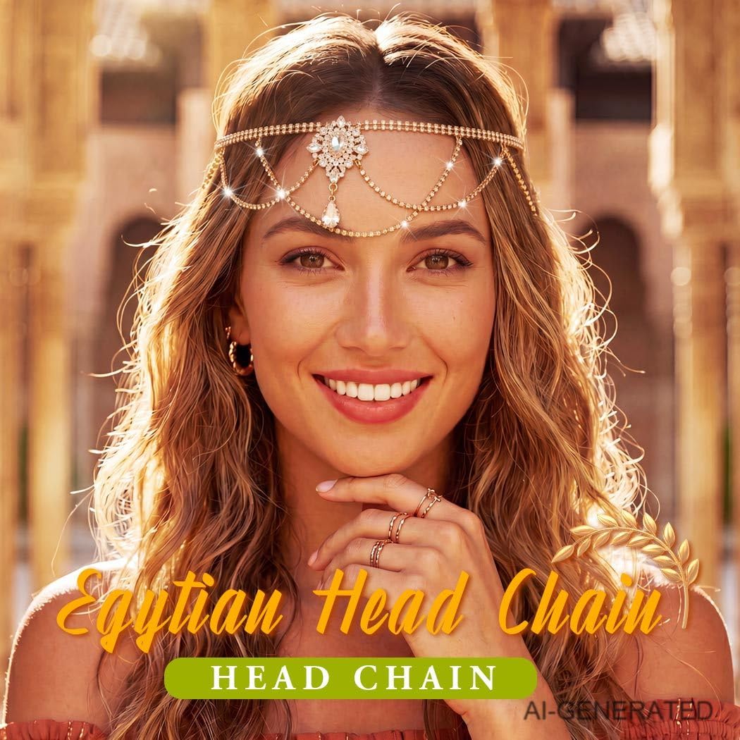 Sixexey Boho Egyptian Head Chain Gold Rhinestone Headpiece Festival Cleopatra Costume Hair Accessories for Women