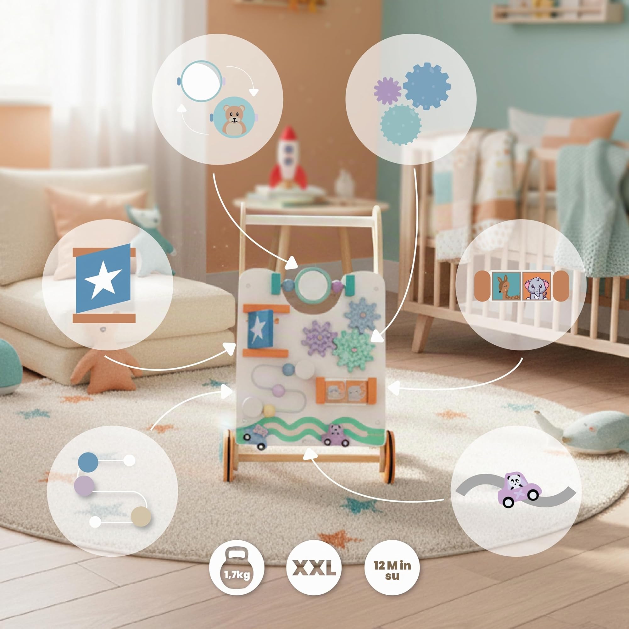 Carrello primi passi legno XXL, Gioco per bambini e bambini, Deambulatore Multifunzionale, per bambini da 12 a 36 mesi, rimo Compleanno Regalo 1 2 Anno (Bianco)
