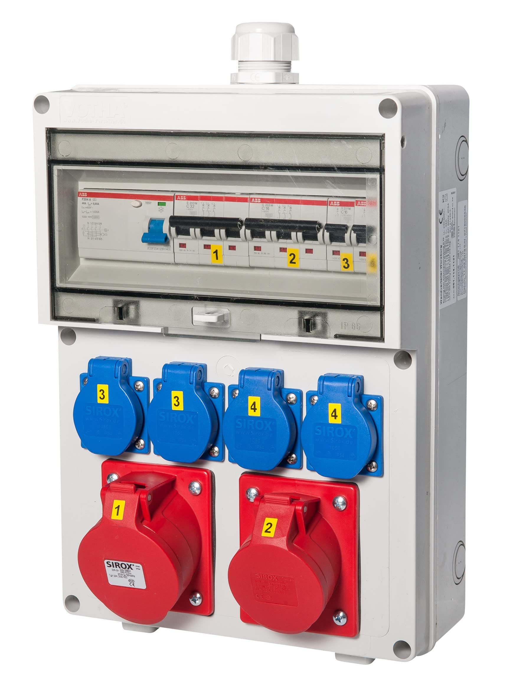Wandverteiler - verdrahtet"WÜRZBURG" mit FI-Schalter Steckdose 230 V~ 2, CEE 16 A, 400 V~ 1, CEE 32 A, 400 V~ 1, LS 16 A, 1-polig, C 2, LS 16 A, 3-polig, C 1, LS 32 A, 3-polig, C 1