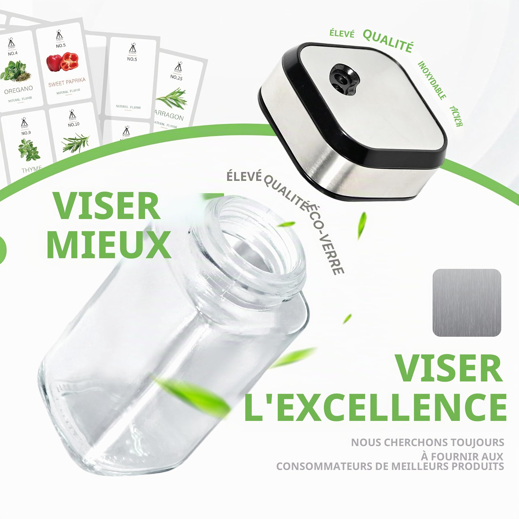SAEIV Set de 24 bocaux à épices 120 ml, couvercles hermétiques à vis avec saupoudreur, boîtes à épices pour organiser votre cuisine, conservation des épices et herbes aromatiques, étiquettes incluses