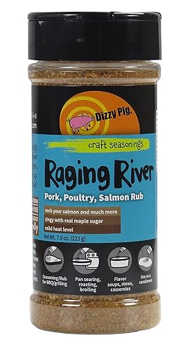 Dizzy Pig Raging River Salmon Seasoning Rub (8 oz Shaker)  Temporadas 30 + libras de comida  Hecho a mano en los Estados Unidos  Sin MSG, sin gluten