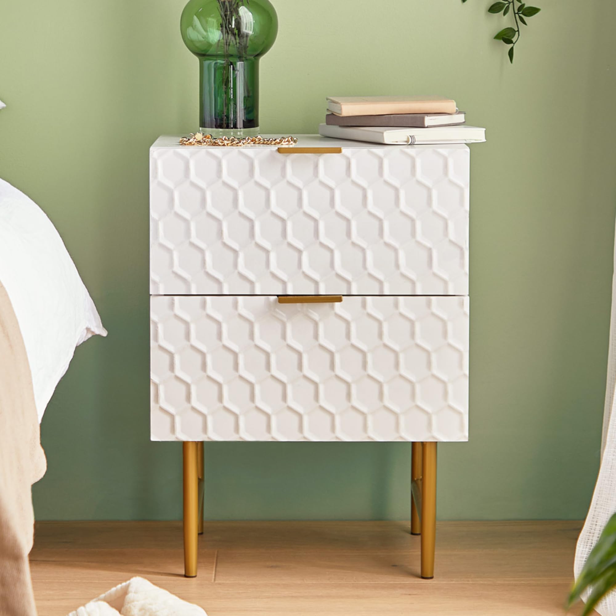 BTFY White Bedside Table – 2 Drawer Nightstand w/Honeycomb Design - Bedside Cabinet w/Glossy Lacquer Finish & Gold Legs & Handles - Geometric Storage Bed Side Table for Bedroom, Living Room & Lounge