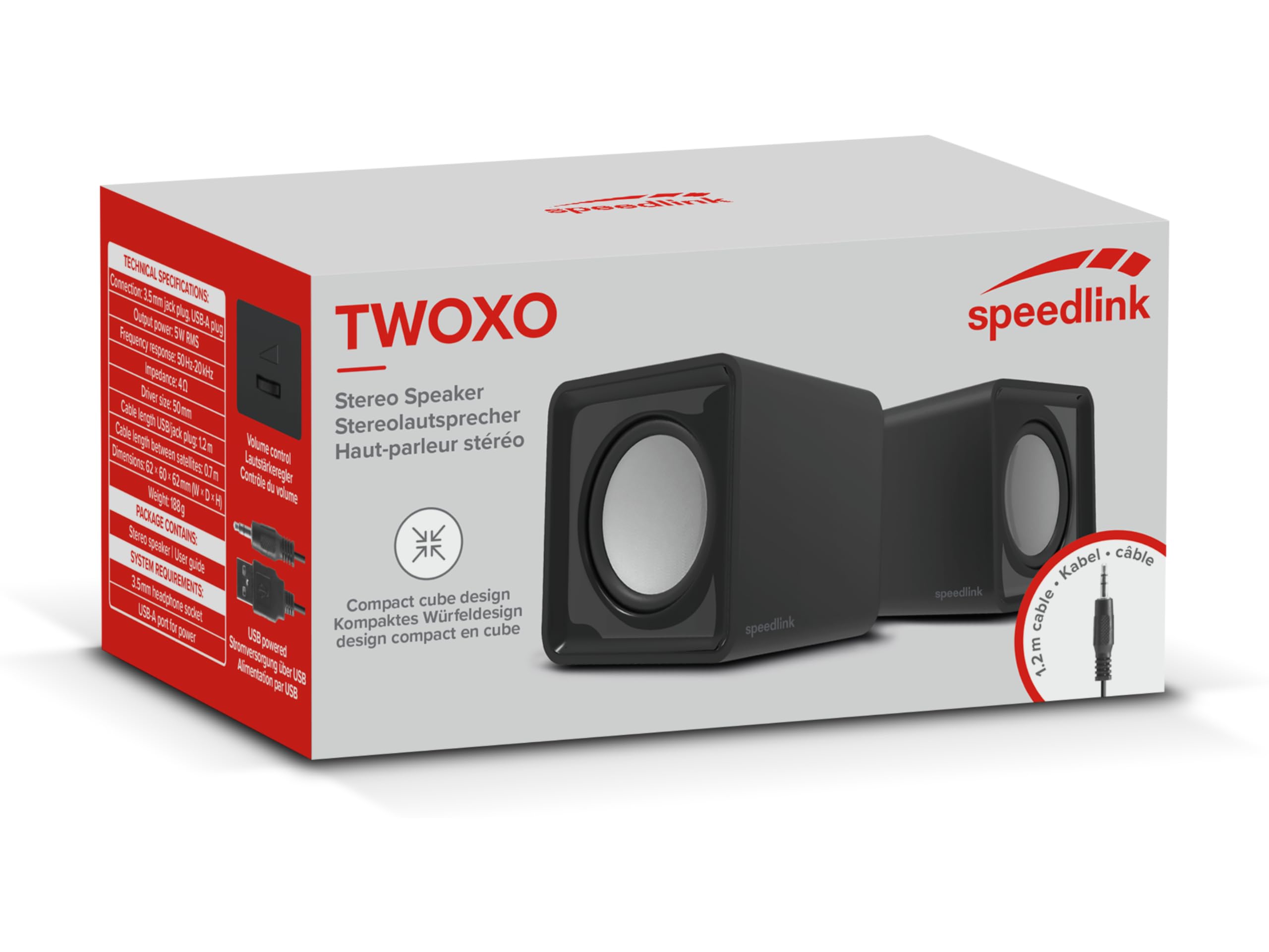 SPEEDLINK SL-810004-BK Twoxo Stereo Compact Cube designed USB Powered 5W Speakers –3.5mm jack for use with PC, tablet or smartphone – Multimedia sound for music, games and video - Black