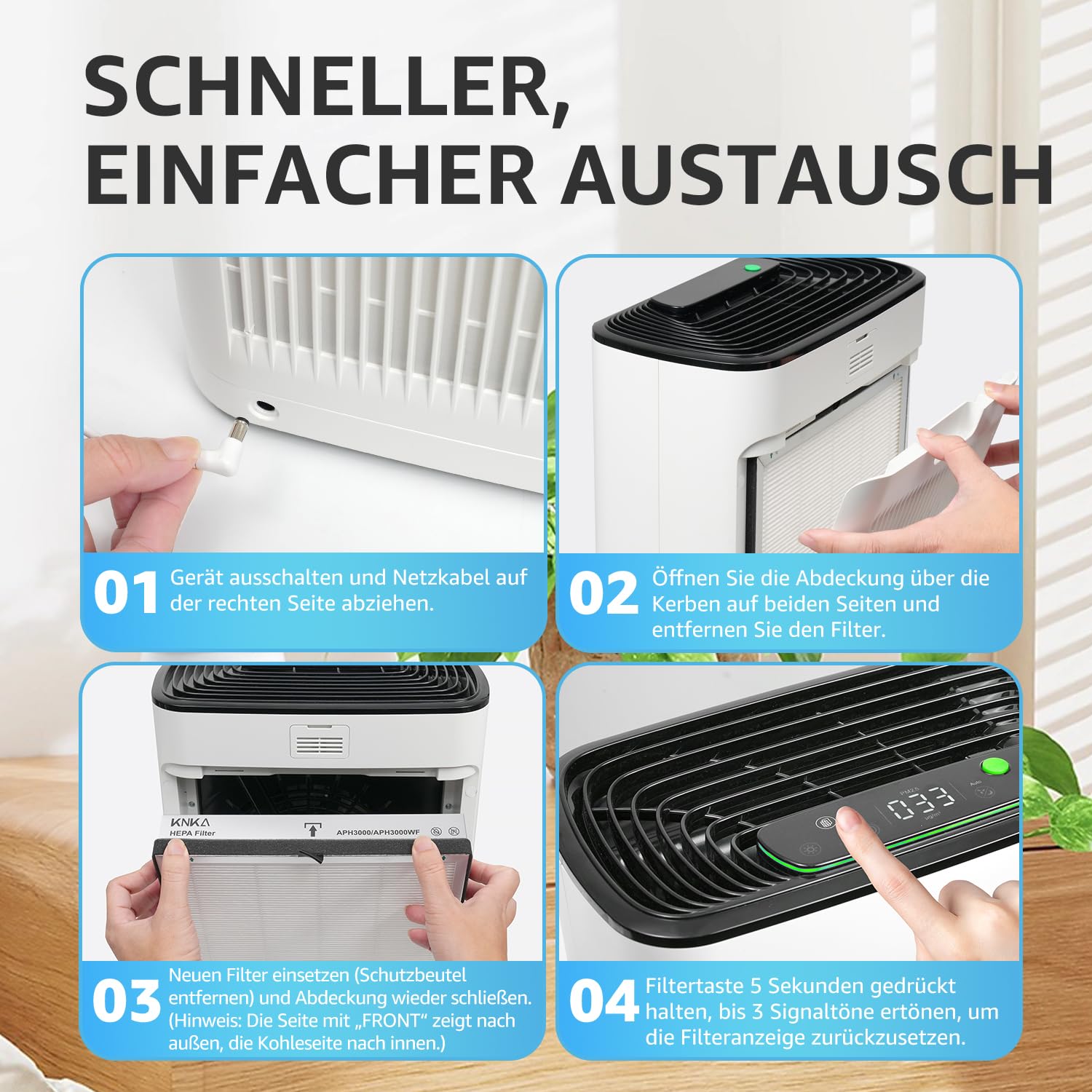 KNKA Ersatzfilter für APH3000 Luftreiniger, 2er-Pack HEPA Aktivkohle Entfernt 99,97% Staub Pollen Gerüche